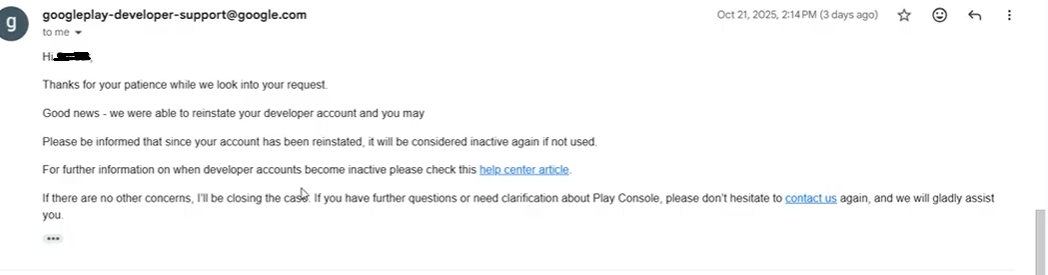Email from googleplay-developer-support@google.com confirming a developer account was reinstated