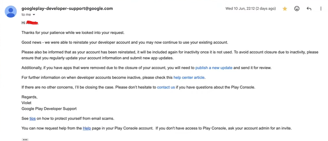 Google Play Developer Support email confirming an account was reinstated and can continue to be used